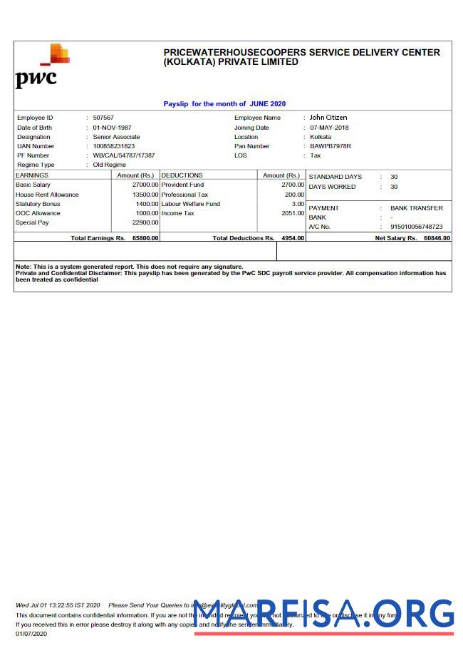 Blank India Pricewaterhousecoopers Service Delivery Center (Kolkata) Private limited payslip download for verification